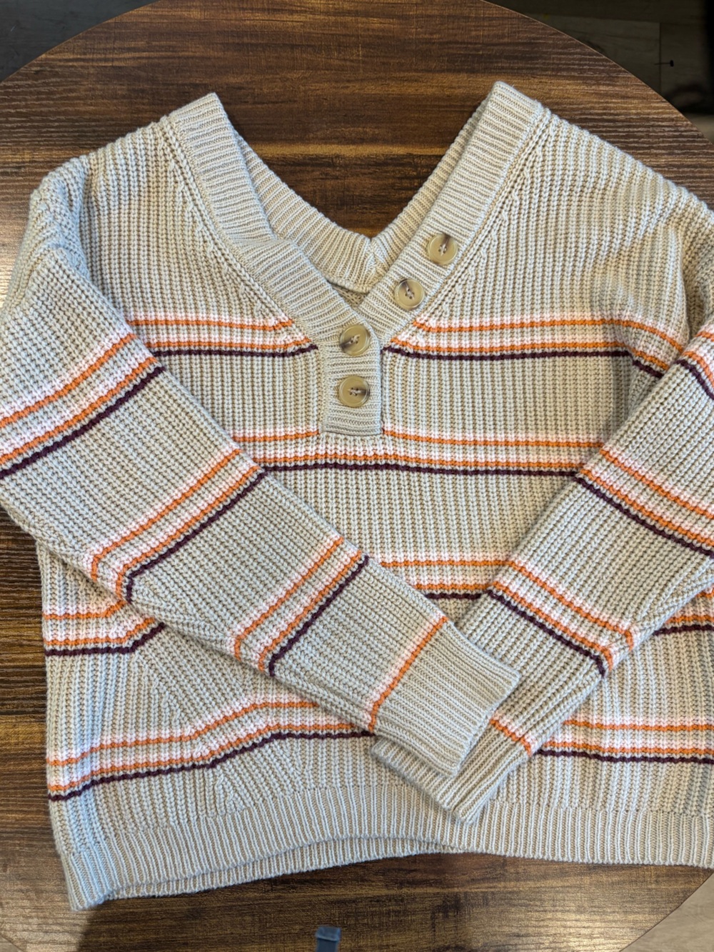 Maurices Cream V-Neck Sweater with Orange and Brown Stripe Detail